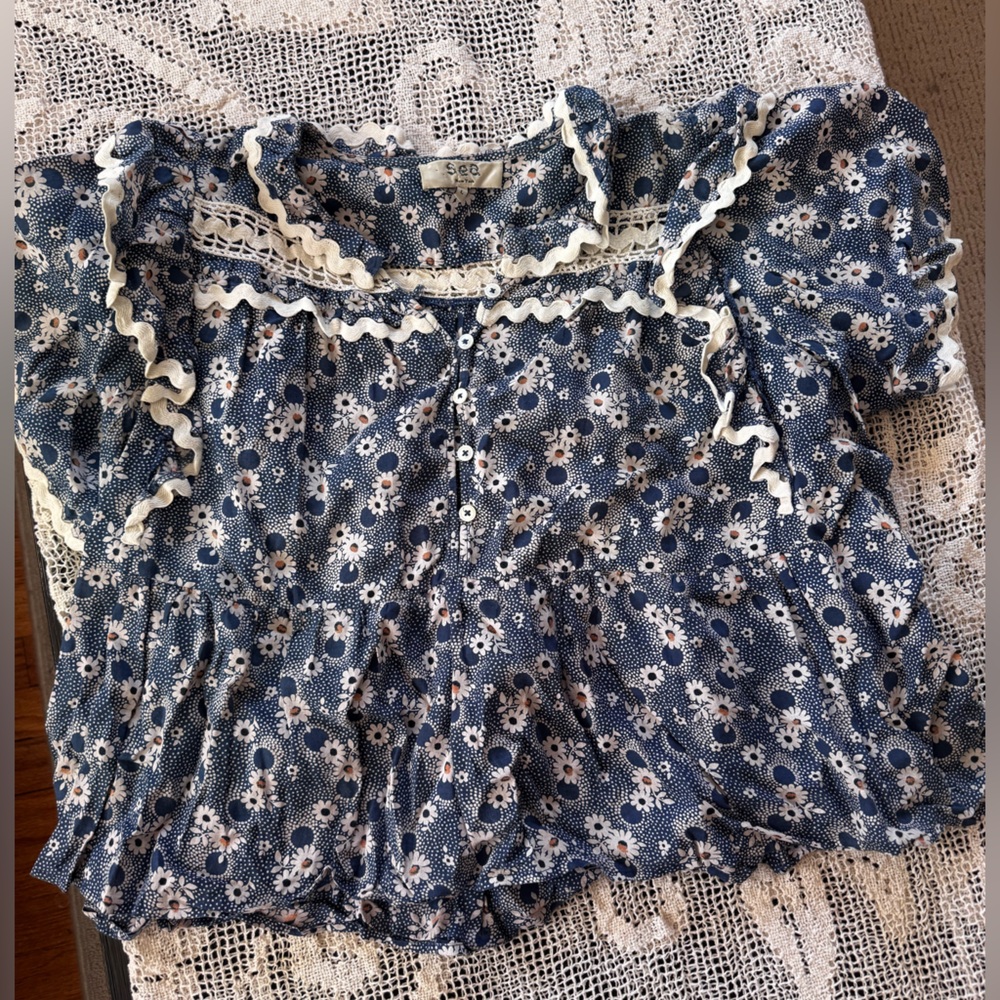 Floral Blue Blouse with Lace Trim